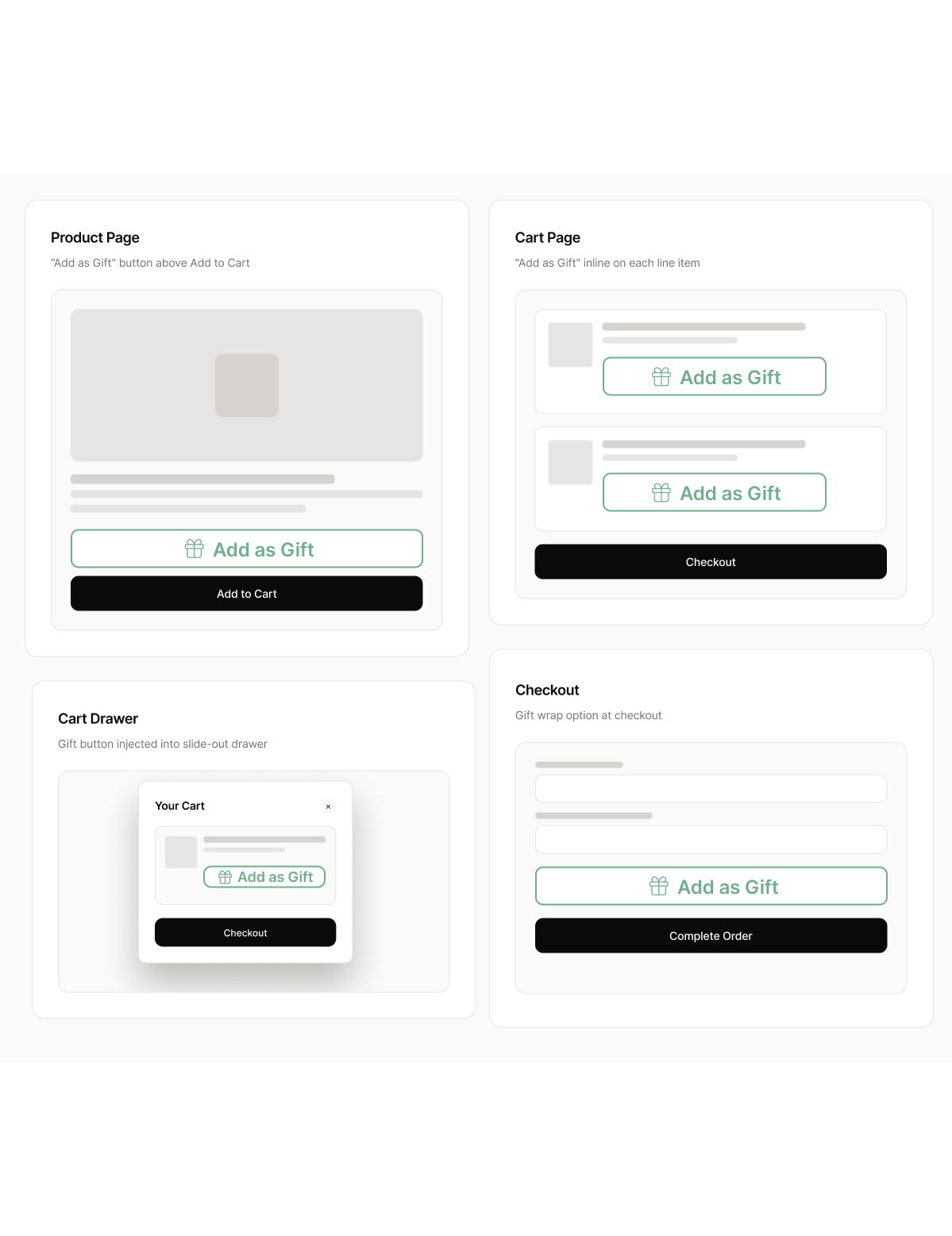 Gift-On configure gift wrap display settings showing storefront surfaces toggled on