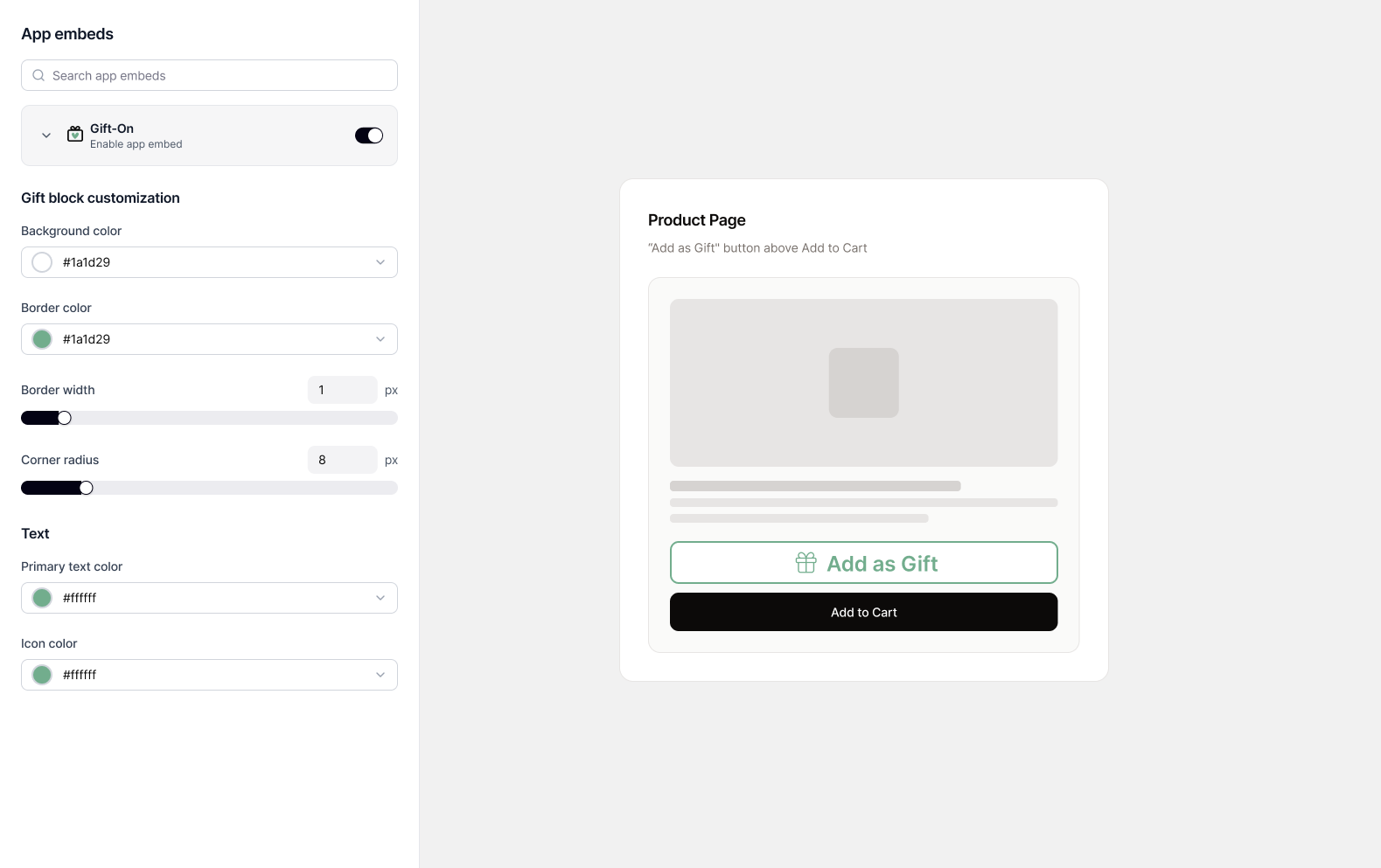 Shopify theme editor showing Gift-On button and modal styling customization
