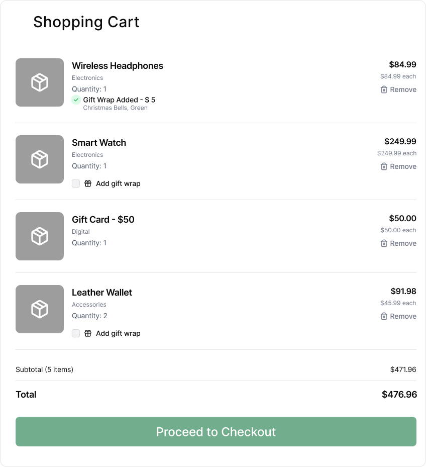 Shopping cart with bundled gift wrap, product exclusions, and variant pricing